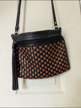 Valentina Black & Brown Woven Italian Leather Crossbody Bag with tassel